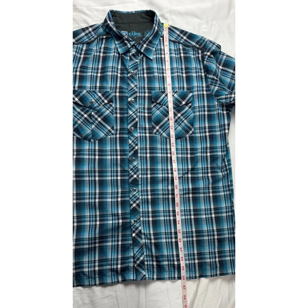 Kuhl Eluxur Mens Medium‎ Blue Plaid Short Sleeve Snap Front Performance Shirt M